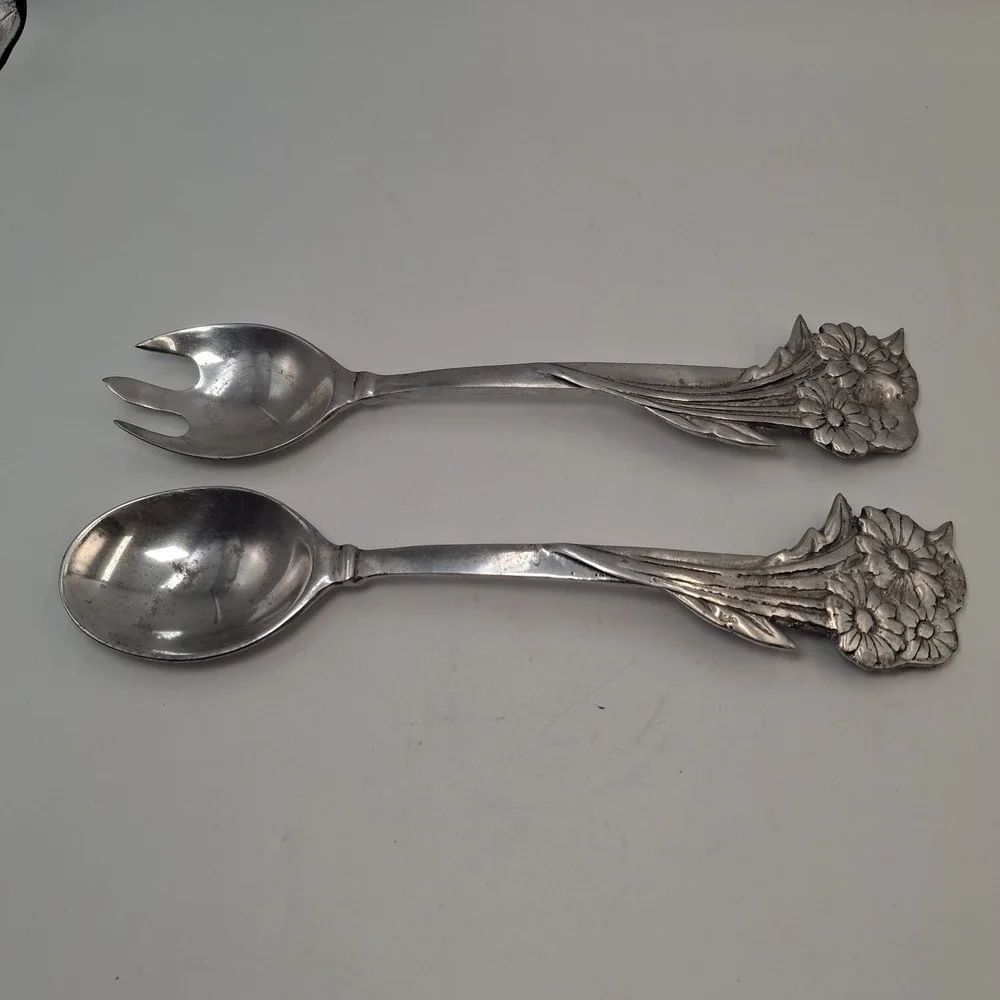 Vintage Mexican Pewter Salad Servers Set Daisy Floral Cast Aluminum Hecho Mexico